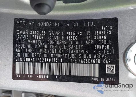 2018 Honda Civic Ex-T z USA, uszkodzony, nr VIN JHMFC1F32JX017513